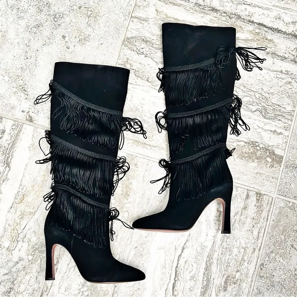 BCBGMaxazria Suede Fringe Heeled Boots, Black, New, Size 7.5